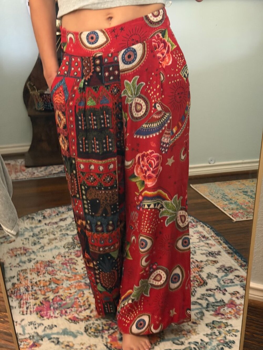 FARM Rio Mystic Red Mixed Print Wide Leg Pants Medium Boho Evil Eye - Picture 8 of 15